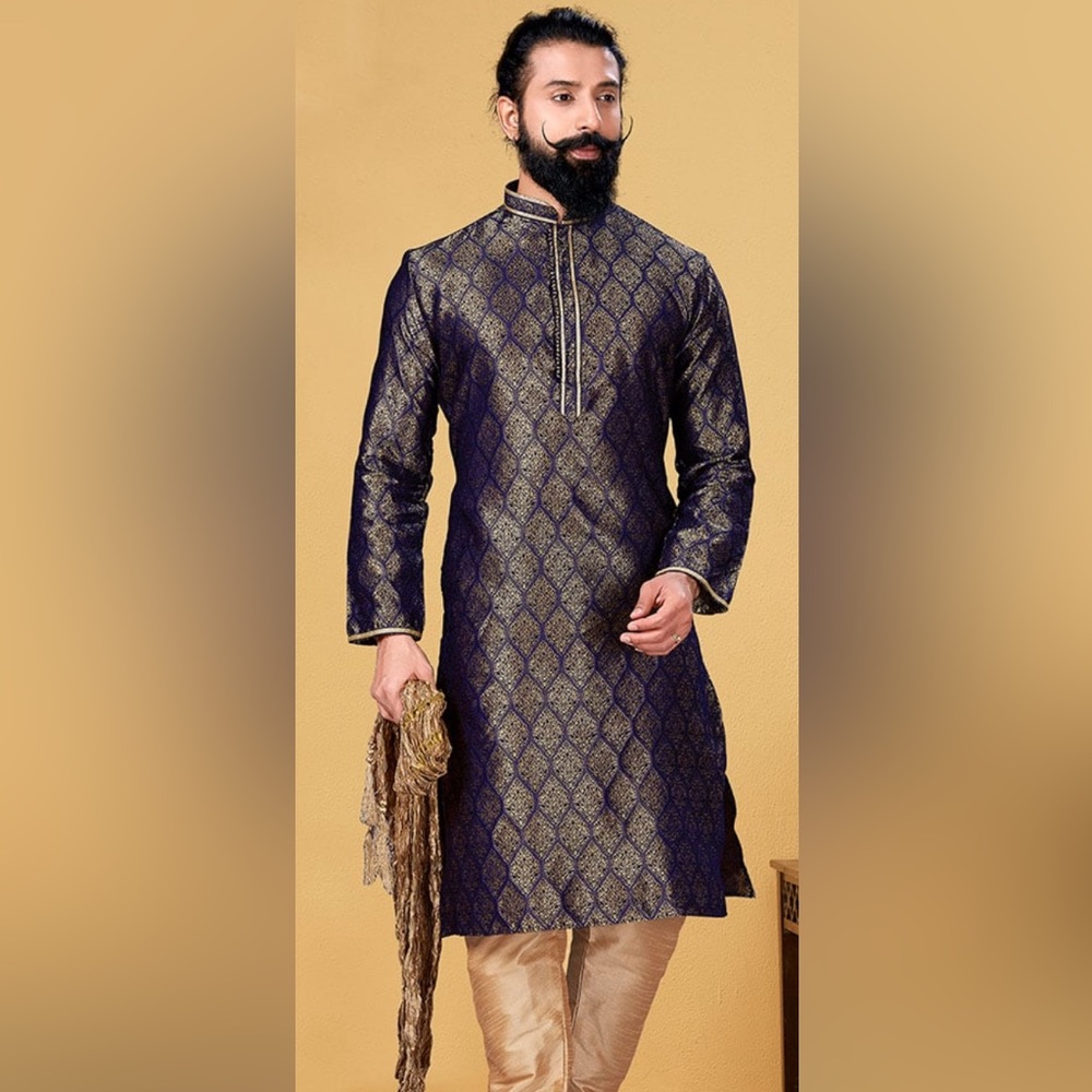 Navy Blue Jacquard Silk Kurta Pyjama Set Size 38